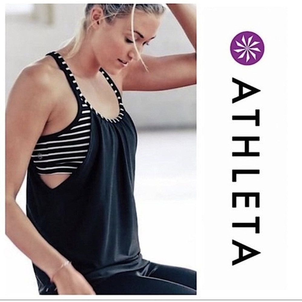 ATHLETA Hidden Agenda Tank Top w/ Built-in Black/White Stripe Sports Bra Size M